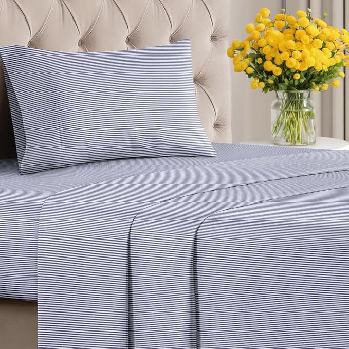 Blue and White Striped Sheets - 1 Flat & 1 Fitted Sheet & 1 Pillowcase w/ Deep Pockets - Cozy, Wrinkle & Fade Resistant - Ultra-Soft, Breathable and Cooling - Luxury Pinstripe Bedding - Twin Size