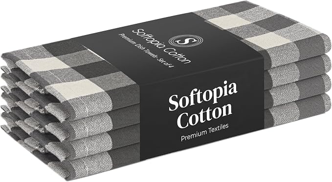 Checked Kitchen Towels 4 Pack, 18x26 Inches, Absorbent Dish Cloths, Reusable and Washable Tea Towels for Drying and Cleaning, Quick Dry Wash Rags - Light & Grey, Natural