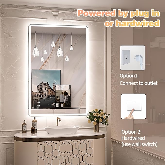 Niccy 30"x48" LED Bathroom Mirror, Rectangle Vanity Mirrors with Lights, Frontlit & Backlit Lighted Vanity Mirror, Memory Funtion, 3 Colors & Stepless Dimmable, Anti-Fog, Horizontal/Vertical