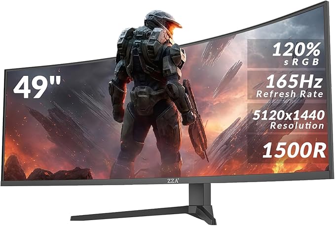 ZZA 49" Curved Gaming Monitor | 5120x1440 Dual QHD, 165Hz/144Hz, 1500R, 32:9 Ultra-Wide, AMD FreeSync, 120% sRGB, Height Adjustable, HDMI 2.1 & DisplayPort 1.4, VESA Mount, Black