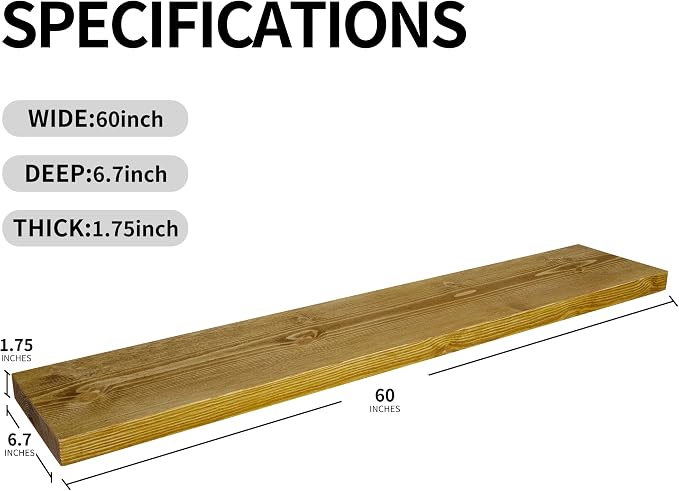 BGMG Wood Floating Shelves for Wall 60 inch Set of 2, Rustic Wooden Wall Mount Shelves for Living Room Bedroom Kitchen Farmhouse-60x6.7x1.75 inch- Gold Oak