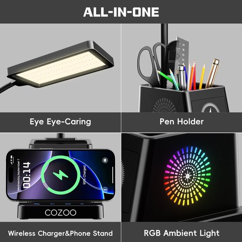 Cozoo LED Desk Lamp - 15W Bright Light with Wireless Charger & Pen Holder | Gooseneck Design for Home Office & Study