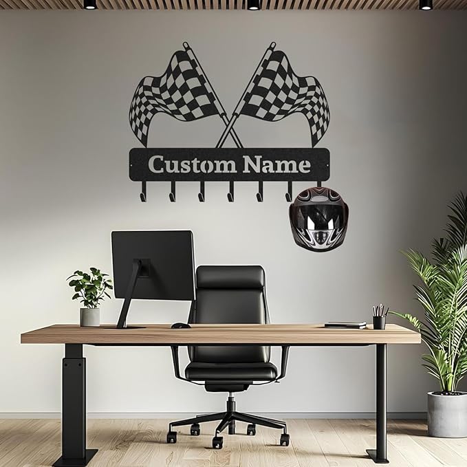 Personalized Racing Flags Key Holder, Custom Metal Checkered Flag Key Hooks with Name, Large Black Metal Wall Hooks Rack, Custom Jacket Organizer for Garage, Hallway, Entryway, Gifts for Men(8in)
