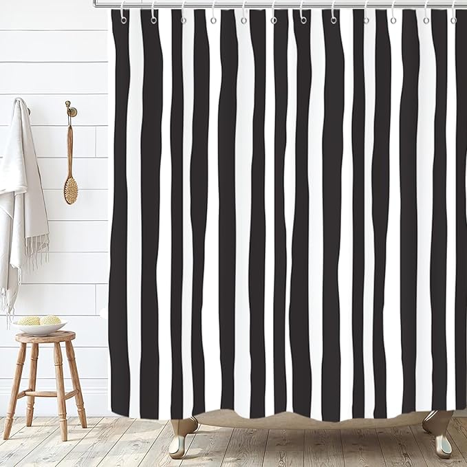 Black and White Extra Long Shower Curtain, Striped Boho Minimalist Modern Waterproof Fabric Machine Washable for Bathroom Decor Bathtub with Hooks 72Wx84H