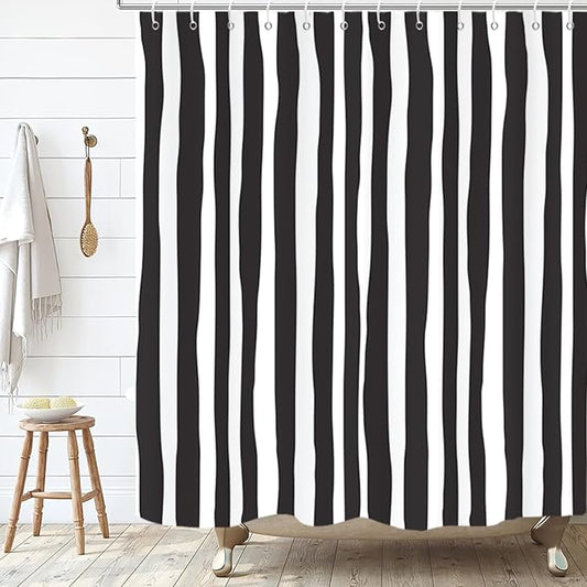 Black and White Shower Curtain, Striped Boho Minimalist Modern Waterproof Fabric Machine Washable for Bathroom Decor Bathtub with Hooks 72x72