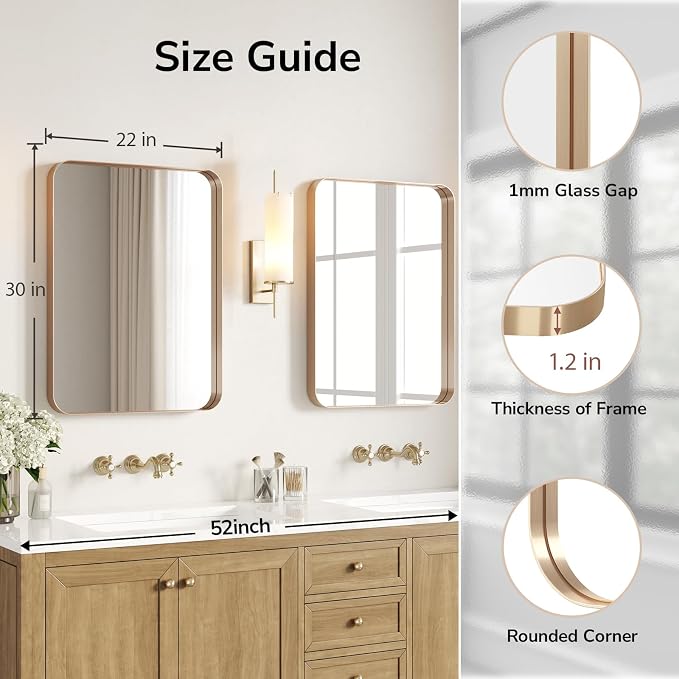 USHOWER Gold Bathroom Mirror 22"x30", Brushed Champagne Gold Rectangle Mirror for Over Sink, Aluminum Frame, Anti-Rust, Tempered Glass, Horizontal or Vertical Mounted