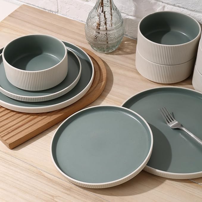 MONITO Ceramic Dinnerware Sets for 4, 12PCS Stoneware Plates and Bowls Sets, Reactive Glaze Dish Set, Chip and Scratch Resistant Double, Microwave and Dishwasher Safe, White Cyan
