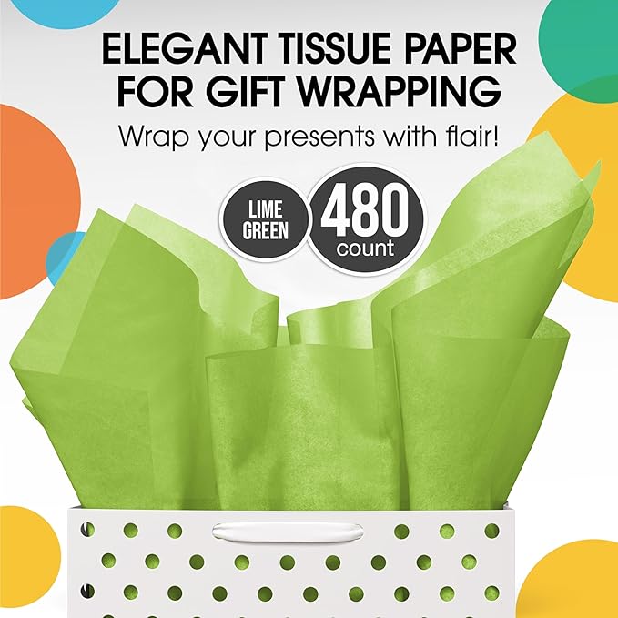 Party Solids Lime Green Tissue Paper for Gift Bags - 15" X 20" Bulk Tissue Paper Lime Green 480 Sheets - 10lb Newsprint for Packing, Birthday Gift Box Filler, Packing Supplies for Moving Supplies
