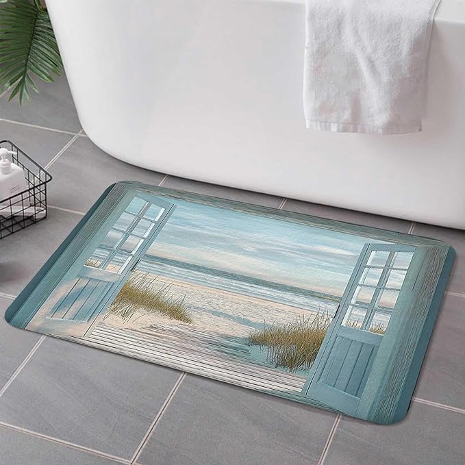 Blue Beach Barn Door Bath Rugs for Bathroom, Rustic Country Ocean Coastal Seaside Scenery Non Slip Flannel Bathroom Rug, Retro Teal Wood Dry Fast Water Absorbent Bath Mats, 17x29 Inch