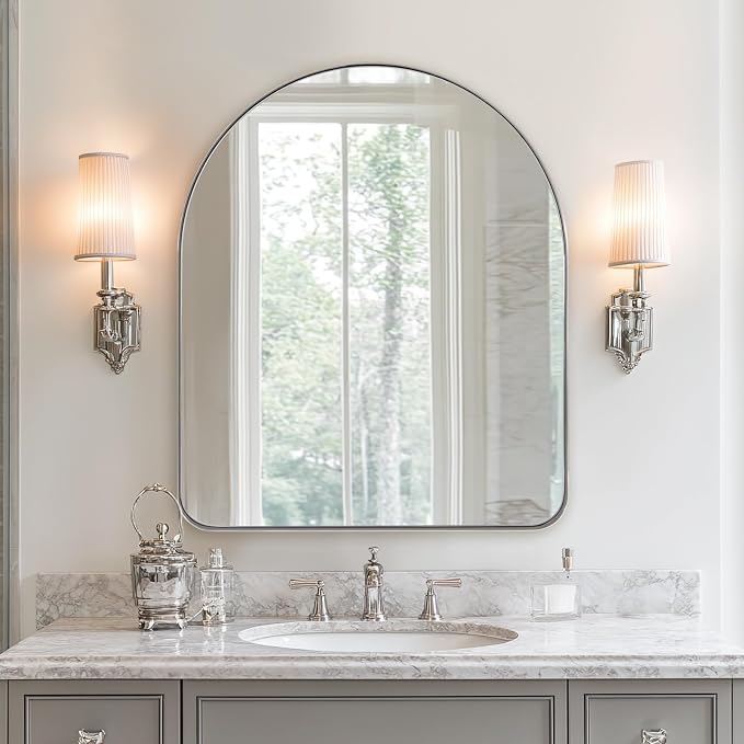 ANDY STAR Arched Mirror, 30 x 36 Inch Polished Chrome Wall Mirror in Stainless Steel Metal Frame, Arch Top Rounded Corner 1 Inch Deep Set Design Wall Mount Hangs Vertical