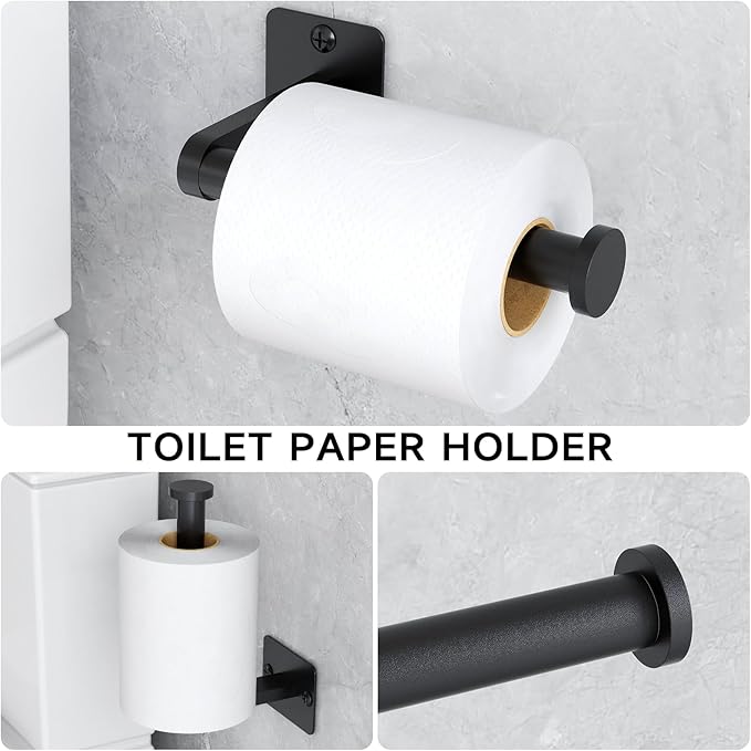 KLJKPA Matte Black Bathroom Accessories Set, 4 Pieces Bathroom Hardware Set, 16 inch Towel Bar, Towel Racks for Bathroom, Robe Towel Hooks, Toilet Paper Holder Wall Mounted