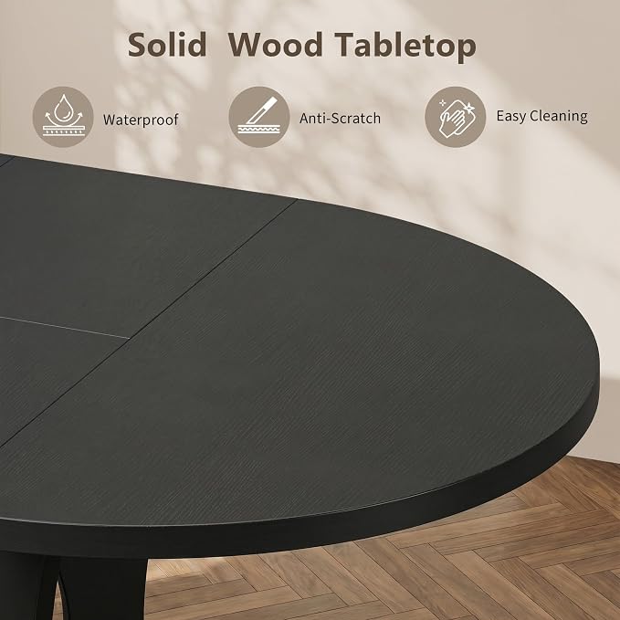 Einhomn 43-59" Extendable Round Dining Table, Kitchen Table for 4-8, Farmhouse Circle Dining Room Table with Removable Leaves,Hidden Storage, Space Saving Wood Kitchen & Dining Room Furniture, Black