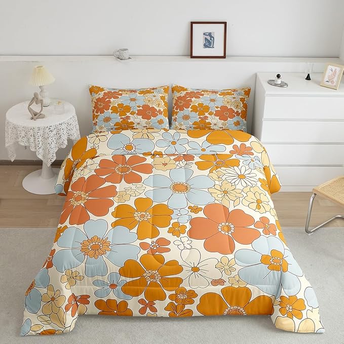 Castle Fairy Retro 70s 60s Floral Hippie Comforter Set Twin Size,Summer Groovy Flowers Quilt Set for Kids Boys Bedroom Collection,Boho Plant Polyester Bedding with 1 Pillowcase,2Pcs