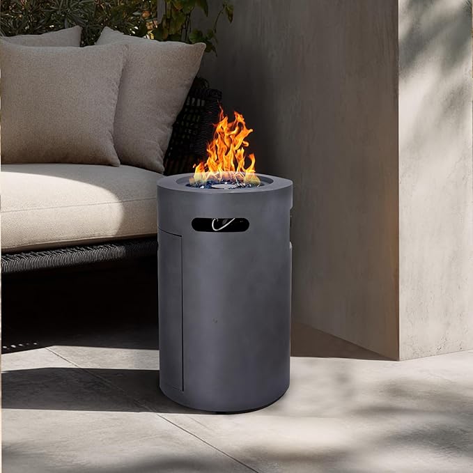 17 inch Propane Fire Column, 50,000 BTU Outside Gas Fire Pit with Glass Wind Guard, Glass Stone for Outside Patio, Garden, Backyard