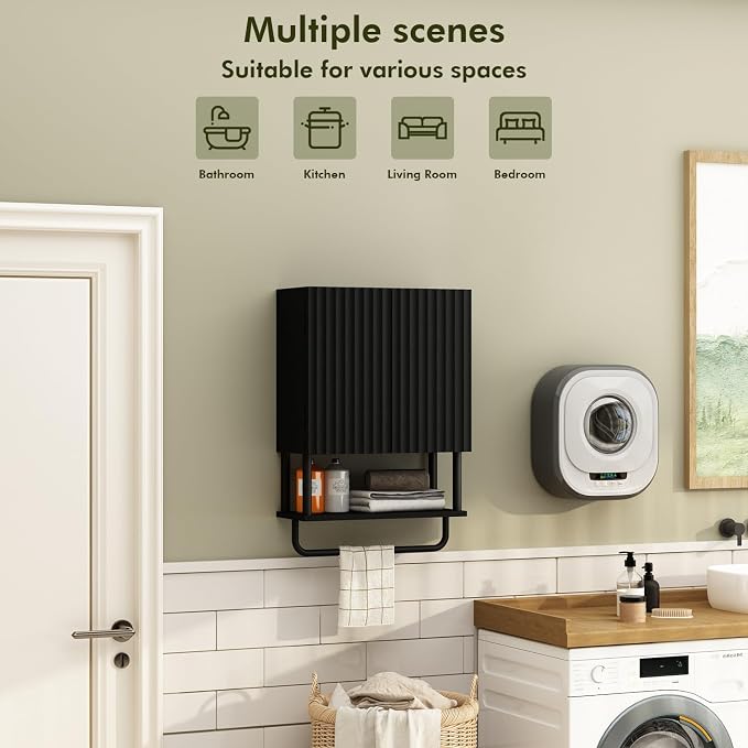 RUSTOWN Fluted Bathroom Wall Cabinet with 2 Doors, 3-Tier Modern Farmhouse Medicine Cabinet, Over The Toilet Storage Cabinet with Adjustable Shelf and Towel Bar(Black, Small)