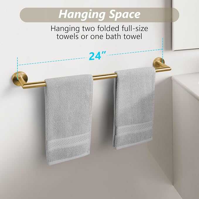 Bathroom Towel Bar 24 Inch Towel Rack Wall Mount Bath Towel Holder Modern Towel Rod Gold Bath Towel Hanger Stainless Steel Brushed Brass Bathroom Accessories Towel Rail Single Towel Bars Brushed Gold