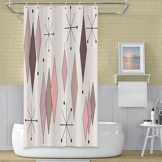Mid Century Shower Curtain Vintage Abstract Pink Brown Diamond Geometric Atomic Starburst Pattern for 1950s Retro Bathroom Decor Accessories Shower Curtain Set with 12 Hooks, 36x72 Inches