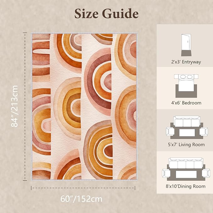 Retro Arcs Area Rug 5x7, Minimalist Arch Pattern Rug, Modern Retro Neutral Carpet for Living Room Bedroom, Non Slip Washable Rug