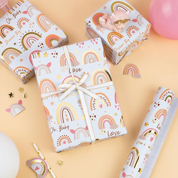 Burymento Rainbow Wrapping Paper, Boho Gold Foil Themed Gift Wrap for Birthday, Valentines, Mothers day, Graduation, Wedding, Fathers day, Baby Shower, Christmas (17 IN x 32.8 FT)