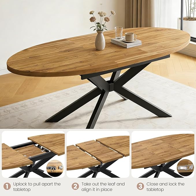 63"-78.7" Extendable Round Dining Table Set for 6, 7 Piece Mid Century Modern Oval Kitchen Table Set, Large Dining Table with 6 Dining Chairs for Living Room Space Saving（Walnut Table+6 Grey Chairs)