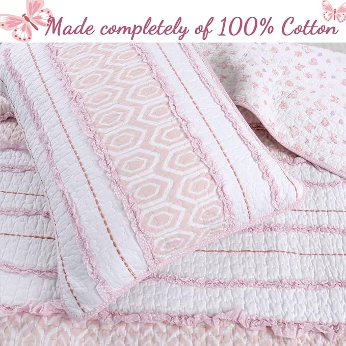 Cozy Line Home Fashions Pretty in Pink Girly Ruffle Stripped 100% Cotton Reversible Quilt Bedding Set, Coverlet, Bedspread (Pink Princess, Queen - 3 Piece: 1 Quilt + 2 Shams)