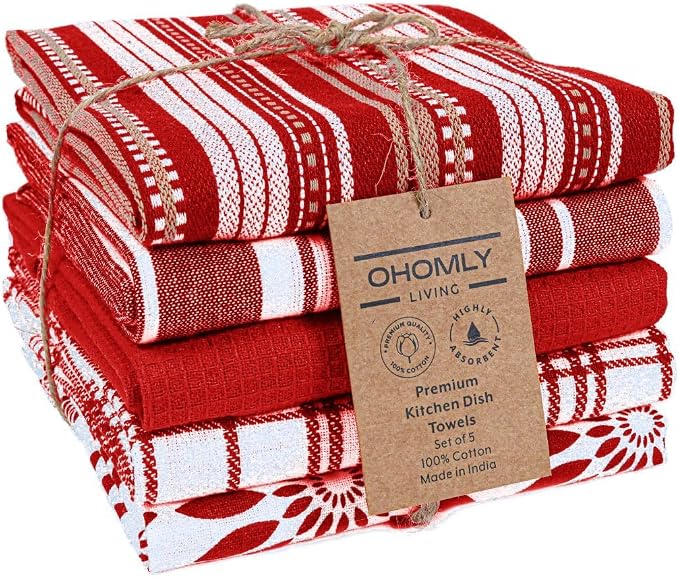 Assorted Kitchen Towels Set of 5-100% Cotton Dish Cloths Towels with Hanging Loop - Soft, Absorbent & Washable for Kitchen Use - Quick Drying Dish Towels 16x26 Inch Red