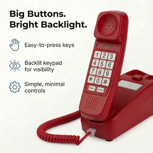 iSoHo Big Button Phone for Seniors - Corded Landline with Loud Ringer & Lighted Keypad - Crimson Red