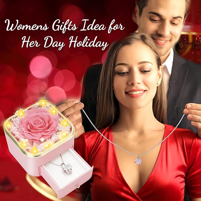 Preserved Pink Real Rose with Heart Necklace -Eternal Flowers Rose Birthday Gifts for Women Wife Mom Girlfriend Grandma Gifts Idea on Christmas Valentines Mothers Day for Her-Pink