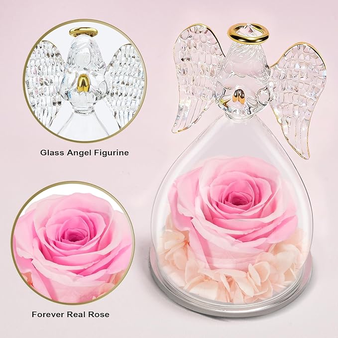 Yamonic Birthday Gifts for Women, Angel Figurines with Real Rose Gifts for Her Mom Grandma,Preserved Flowers Rose Gifts for Christmas Anniversary Birthday Gifts for Her (White+Pink)