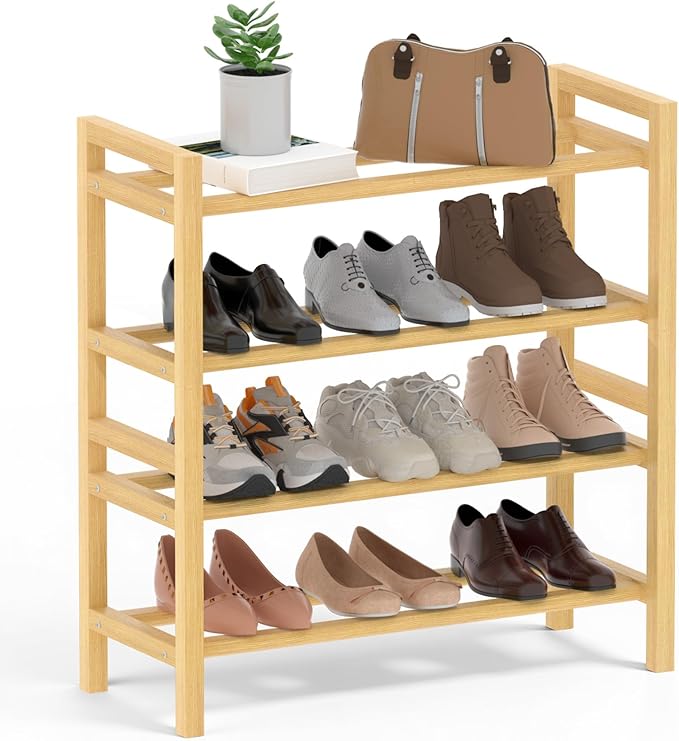 Haddockway Bamboo Shoe Rack for Closet, Free Standing Shoe Organizer with Smooth Round Rods & Convenient Handles, Stackable Shoe Storage Shelf for Entryway, Hallway(Natural, 4-Tier(Small))