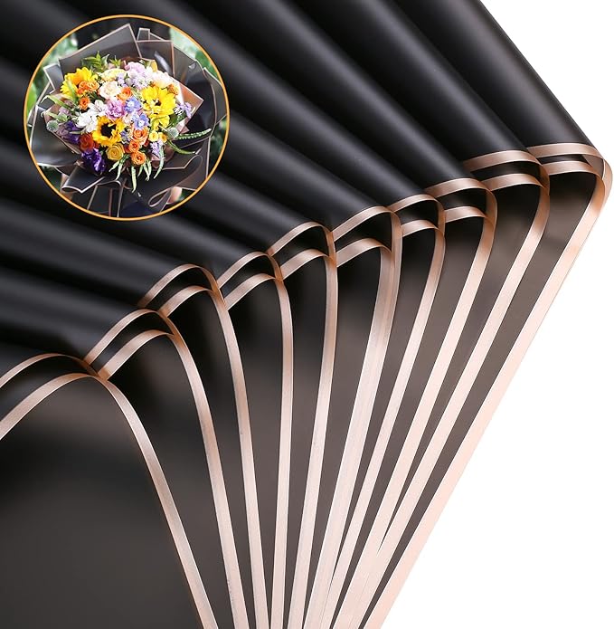 FUSHENMU 20 Sheets Double Sided Black Flower Wrapping Paper - Waterproof Florist Wrap for Bouquet Supplies, DIY Crafts, Gift Packaging
