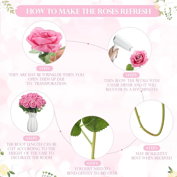 Jexine 50 Pcs Artificial Rose Flower Bulk Realistic Silk Fake Roses with Long Stem Plastic Artificial Flower Bouquet Real Looking for Home Wedding Centerpieces Party Decoration(Dark Pink Champagne)