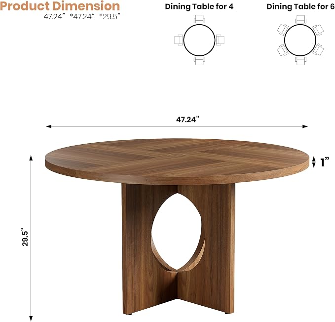Garvee 47" Round Dining Table for 4-6 People - Circle Kitchen Dinner Table with Sturdy Pedestal Base, Space Saving Dinning Room Furniture for Living Room, Kitchen, Apartment, Brown