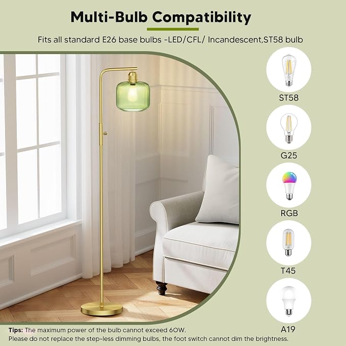 Glass Floor Lamp for Living Room, Modern Standing Lamp with Green Ribbed Glass Lampshade&Brushed Gold, Stepless Dimmable Rotary Switch, 66” Tall Lamp & Gold Floor Lamp for Bedroom Study Room