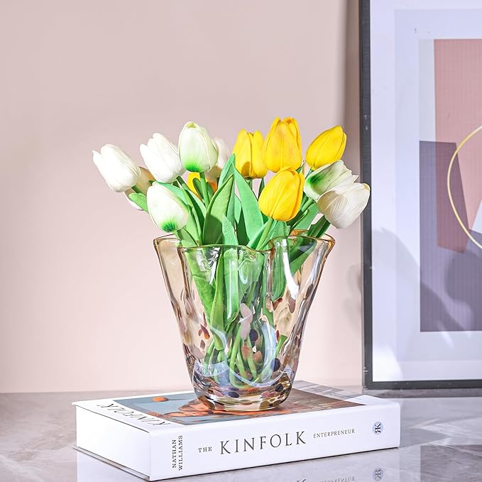 Hand Blown Amber Glass vase, Unique Brown Glass Wide Mouth vase for Console Office TV Stand Coffee Table entryway Entrance Desktop Living Room Table Centerpiece.