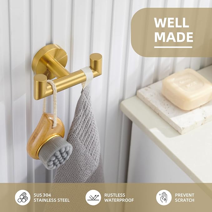 Angle Simple Bathroom Double Hook Brushed Dark Gold, SUS304 Stainless Steel Bath Towel Holder, Double Robe Hanger Wall Mount