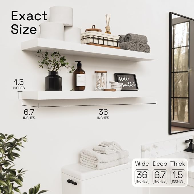 BAOBAB WORKSHOP Solid Wood Floating Shelves for Wall 36 Inches Long, Heavy Duty Wall Shelf for Bedroom 36 Inch Large, Real Wooden Bathroom Shelf Kitchen Rustic, White Finish, 36W × 6.7D, Set of 2