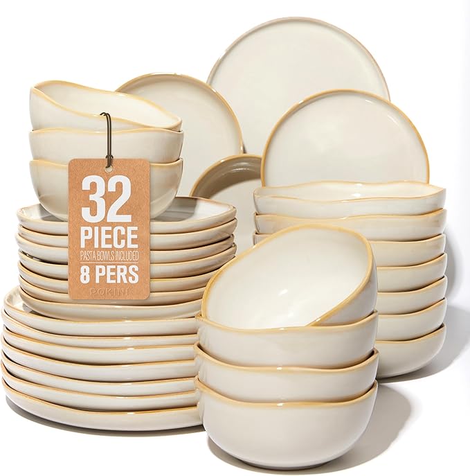 Pokini 32 Piece Dinnerware Set for 8 with Pasta Bowls, Yellow White Reactive Glaze Stoneware | All‑in‑One Host Set for Entertaining, Holiday Meals, Multi‑Course Dish Set | Unique Irregular Look