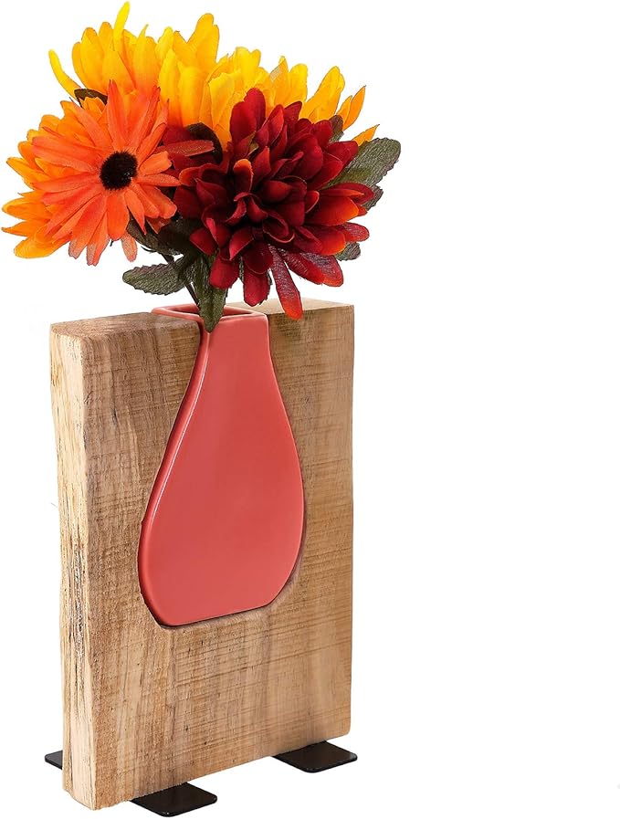 Excello Global Products Matte Pink Glass and Wood Vase - Rustic Flower Vase Decorative Centerpieces for Dining Room Table Coffee Tables Vintage Farmhouse Decor (Short - 8" x 6")