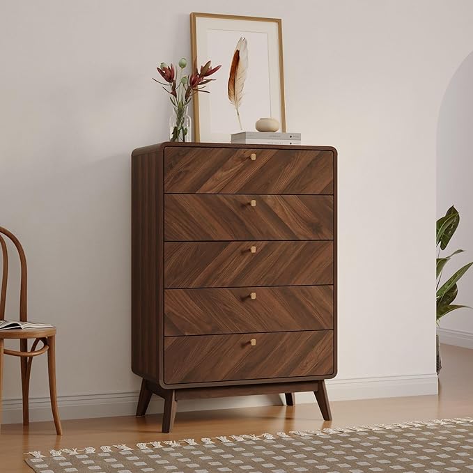 LuxenHome 5 Drawer Dresser for Bedroom, Mid Century Modern 48" Tall Wooden Bedroom Dressers, Walnut Brown MDF Wood Bedroom Dressers with Drawers, Chest of Drawers for Clothes Organizer Furniture