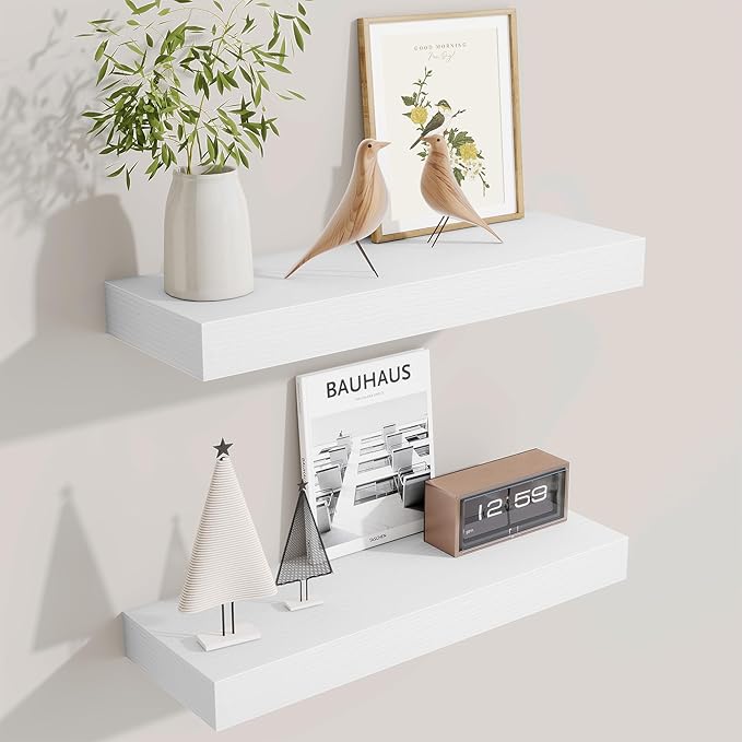 Fun Memories Floating Shelves Bathroom for Wall Mounted Shelves, 20 Inch Wood Shelf Set of 2, Home Storage & Display Decor, White