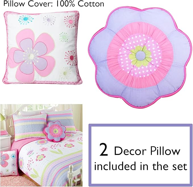 Cozy Line Home Fashions Pink Lavender Green Floral Print Girl 100% Cotton Reversible Quilt Bedding Set, Coverlet, Bedspread (Blossom, Queen - 6 Piece)