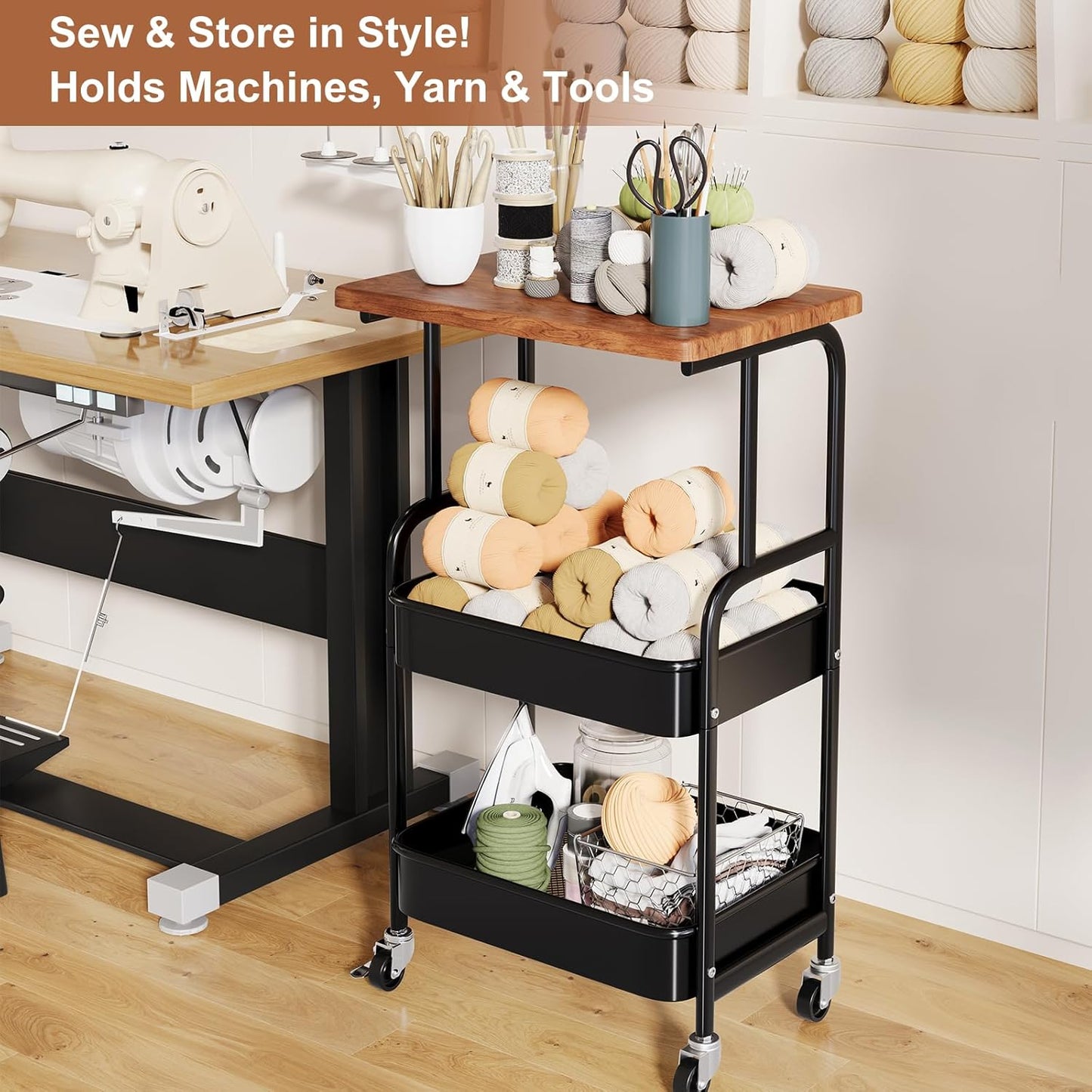 Skiennix Printer Stand - 3-Tier Rolling Cart with Wood Top & Storage Shelf | Mobile Utility for Office & Craft