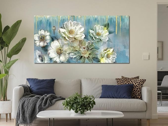 Ardemy Floral Canvas Wall Art for Living Room Large Magnolia White Flowers Teal Picture Bedroom Wall Decor Textured Painting Modern Turquoise Artwork Dining Room Home Office, 40"x20"