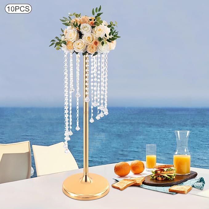 Bud Vases | Vase| 10PCS Gold Crystal Flower Vases | 27.5" Height | Elegant Wedding Centerpieces | Sparkling Crystal Accents | for Wedding Aisle Decor, Wedding Reception, Event Centerpieces