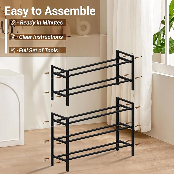 Haddockway Bamboo Shoe Rack for Closet, Free Standing Shoe Organizer with Smooth Round Rods & Convenient Handles, Stackable Shoe Storage Shelf for Entryway, Hallway(Black, 5-Tier)