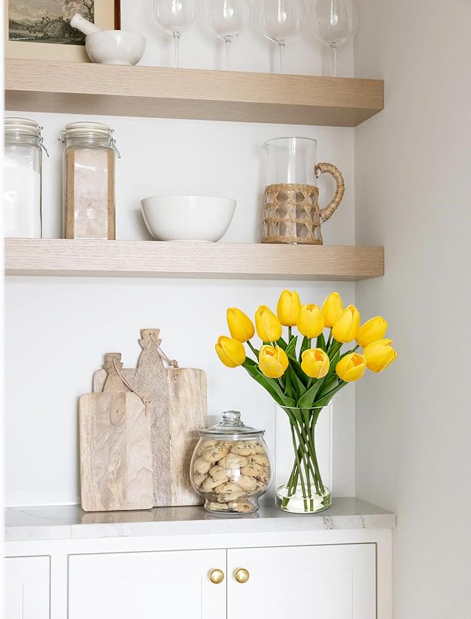 DILATATA 12 Pcs Artificial Real Touch Tulips Flowers in Glass Vase with Faux Water, Tulips Fake Arrangements Yellow Tulips with Vase for Dining Table Home Decor Wedding Centerpieces