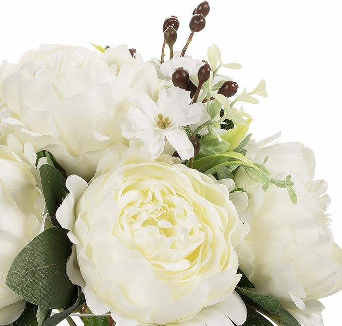 ENOVA FLORAL Artificial Flower Arrangement with Vase,Mixed Artificial Fake Silk Peony Flower in Vase for Decoration Home Office, Wedding Centerpiece (Cream01)