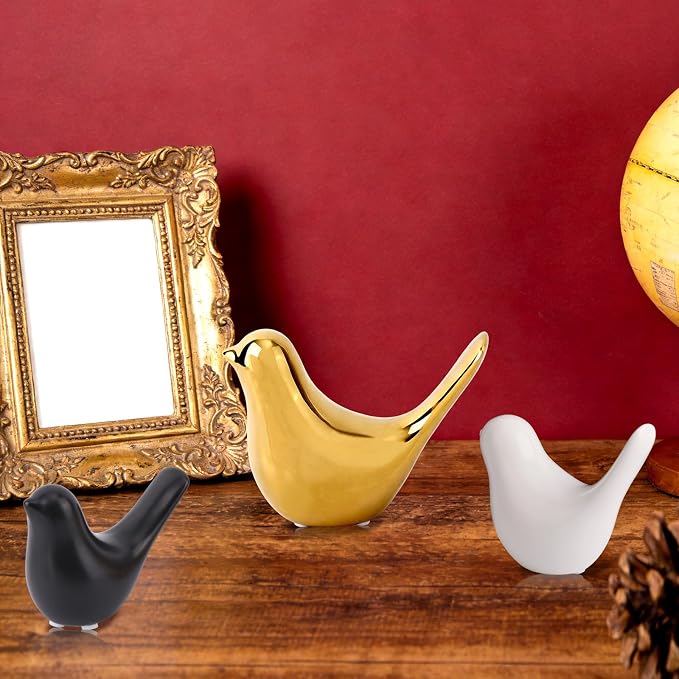 3pcs Mid-Century Modern Ceramic Bird Figurines, Gold White & Black Colored Ceramic Birds Mcm Medieval Decor Decorative Decoration for Home Office Desk Bookshelf Mantel Small Shelf Tabletop Centerpiece