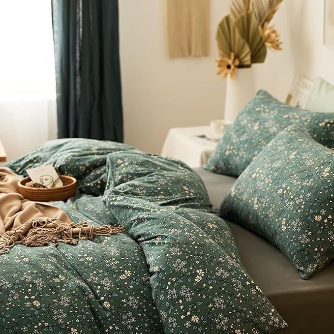 Vintage Green Floral Duvet Cover Full Size Jersey Knit Cotton Chic Floral Bedding Set Garden Style Botanical Flower Comforer Cover Floral Cottagecore Bedding Set 1 Duvet Cover with 2 Pillowcases